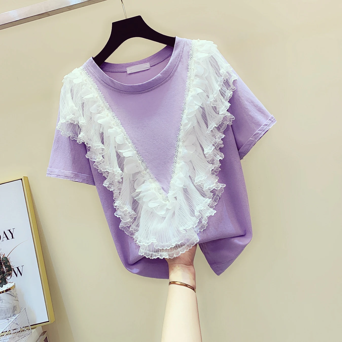 

T Shirt Women Lace Mesh Panel Ruffle Beaded Short Sleeve T-shirt Women's 2020 Spring Summer Korean Version Loose T-shirt Top Tee