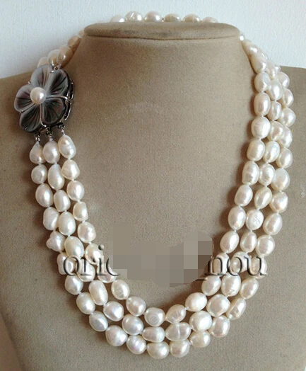 

Wholesale 100% Natural jewelry 3 row 8-10mm Natural White Baroque Freshwater Pearl Shell Flower Necklace