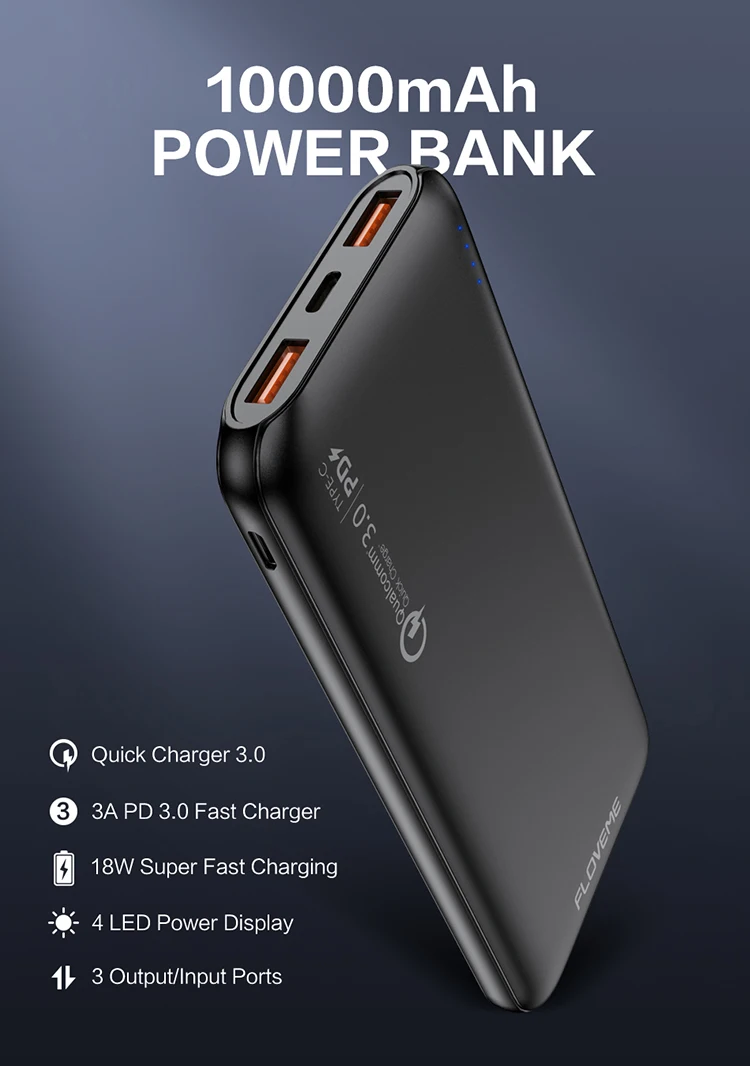 FLOVEME QC 3,0 внешний аккумулятор 10000 мАч портативное зарядное устройство Быстрая зарядка двойной USB выход внешний аккумулятор Мобильный Внешний аккумулятор для Xiaomi