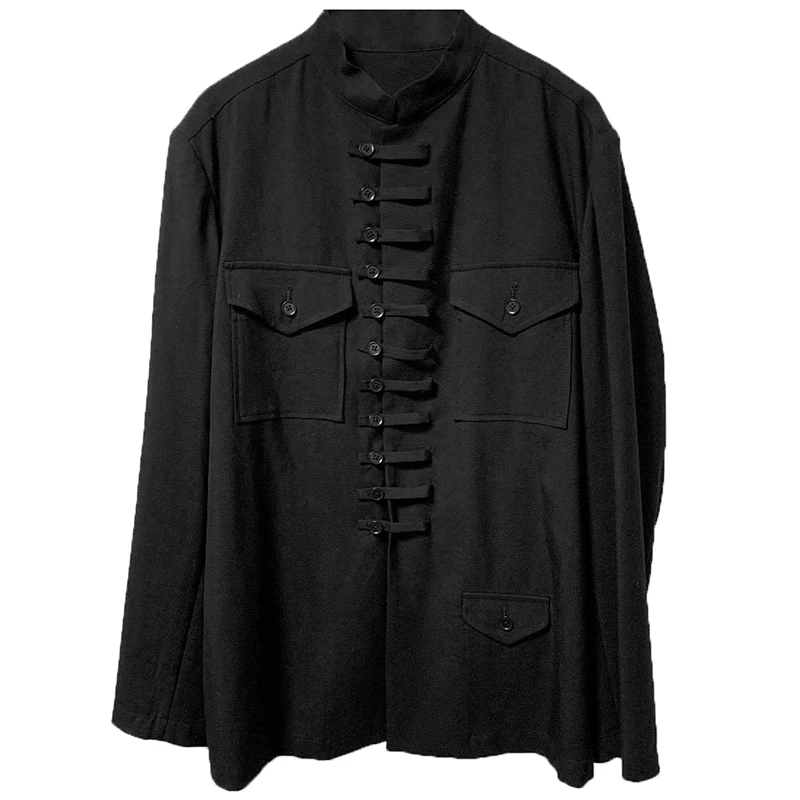 

S-7XL!! 2020 men's shirt black stand collar button Chinese style