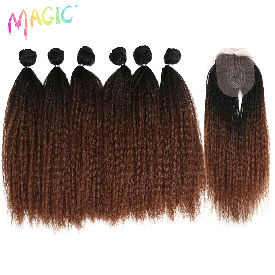 Магия 16 дюймов афро кудрявые прямые волосы плетение 6 Пряди с закрытием Омбре