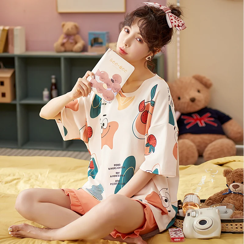 CAIYIER Japanese Summer Women Pajamas Cotton Girls Cute Cartoon Sleepwear Short Sleeve Shorts Round Neck Lounge Print Nightwear