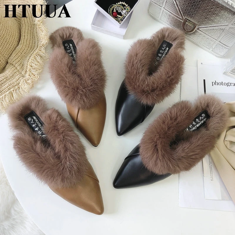 HTUUA/осенне зимние шлепанцы на плоской подошве женские меховые тапочки с острым