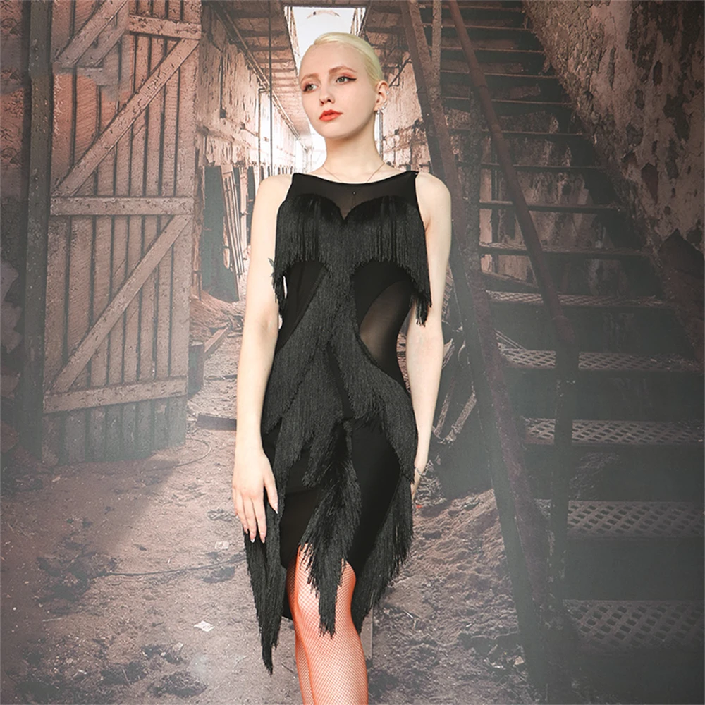 Женское платье для латиноамериканских танцев асимметричное с бахромой