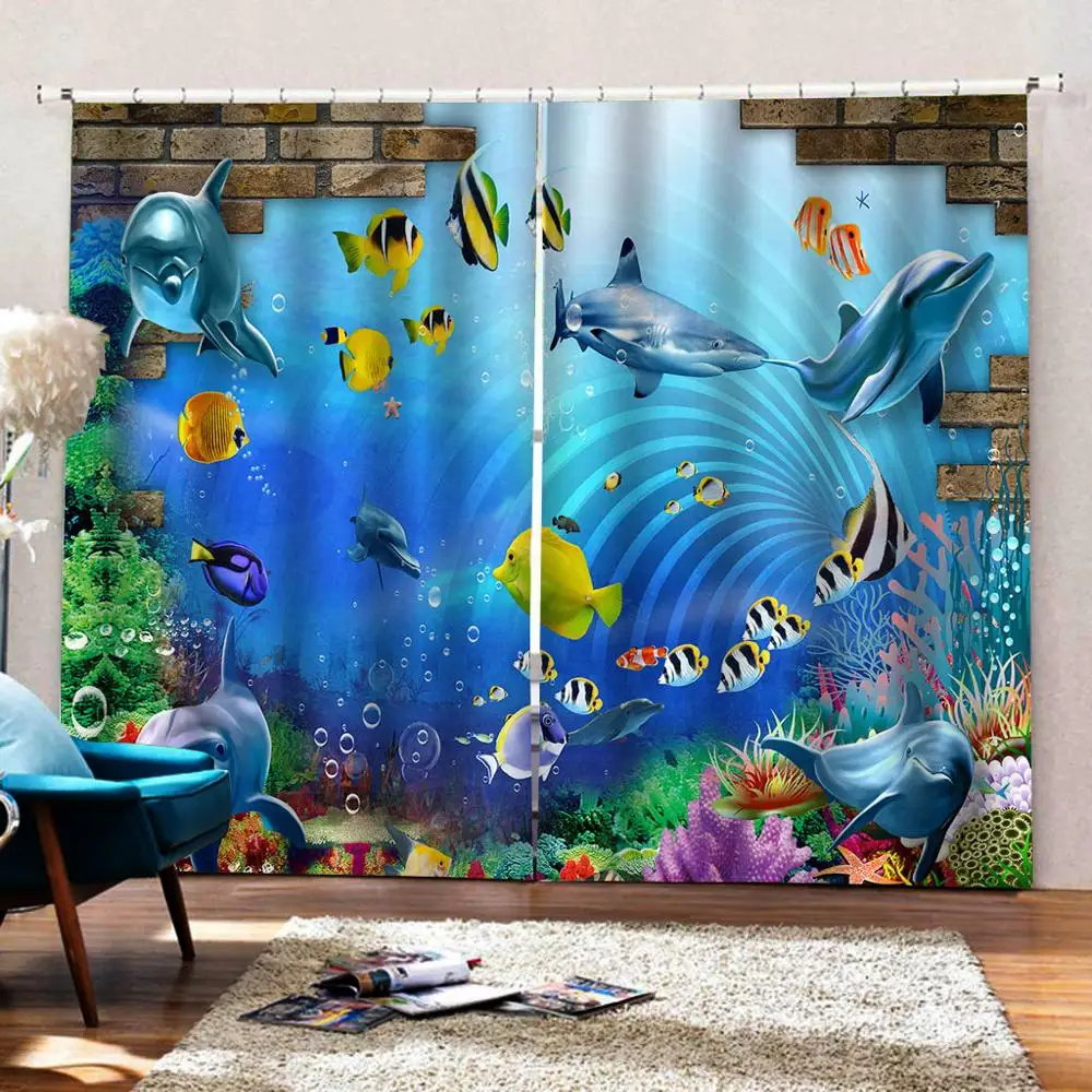 Синий океан Подводные занавески s 3D Роскошные Затемненные окна гостиной Дельфин