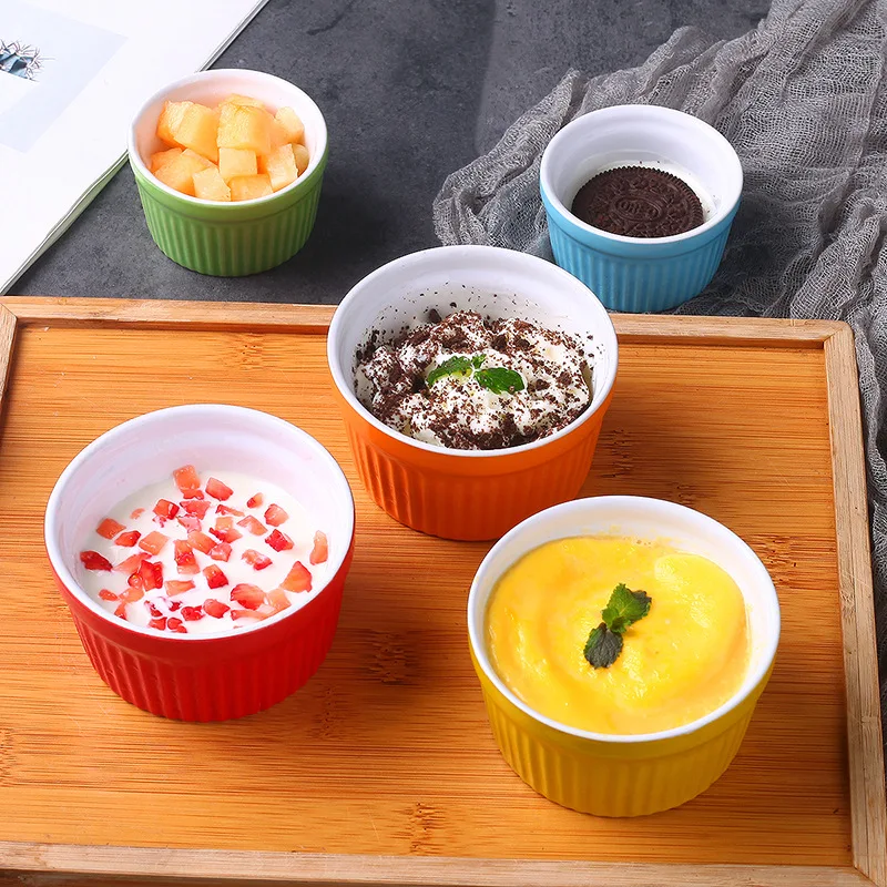 

Striped Soufflé Small Baking Bowl Double Skin Milk Steamed Egg Bowl Pudding Cup Oven Tableware Baking Household Ice Cream Bowl