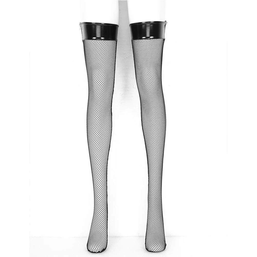 

Women Fishnet Thigh High Stockings with Zippered Leather Top Sexy Fishnet Stockings Female Sexy Nightwear Lingerie Stockings