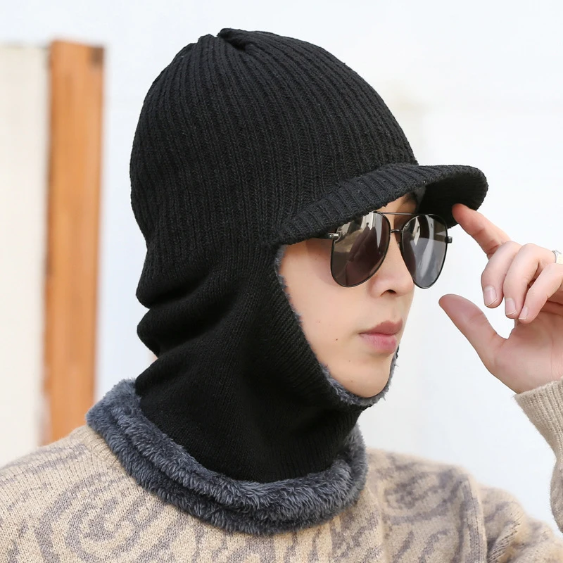

1PC Men Knitted Hat Balaclava Beanie Hat With Brim Plus Fleece Warm Winter Plush Lining Mask Windproof Thick Outdoor Neck Warmer