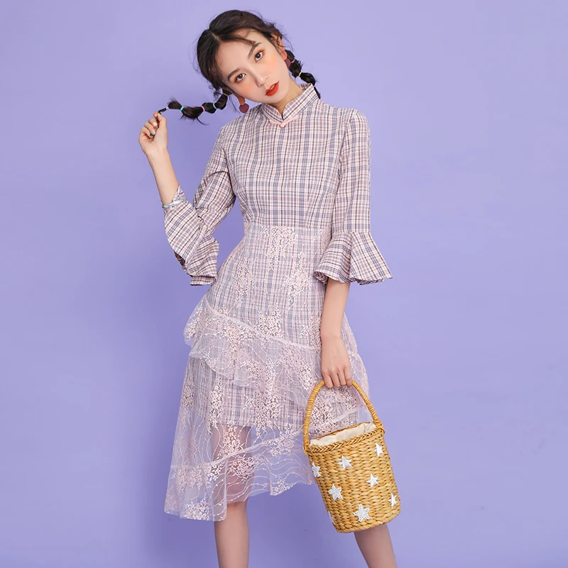 Элегантное китайское стильное улучшенное женское платье cheongsam с коротким рукавом и сеткой, женское классическое восточное платье aodai