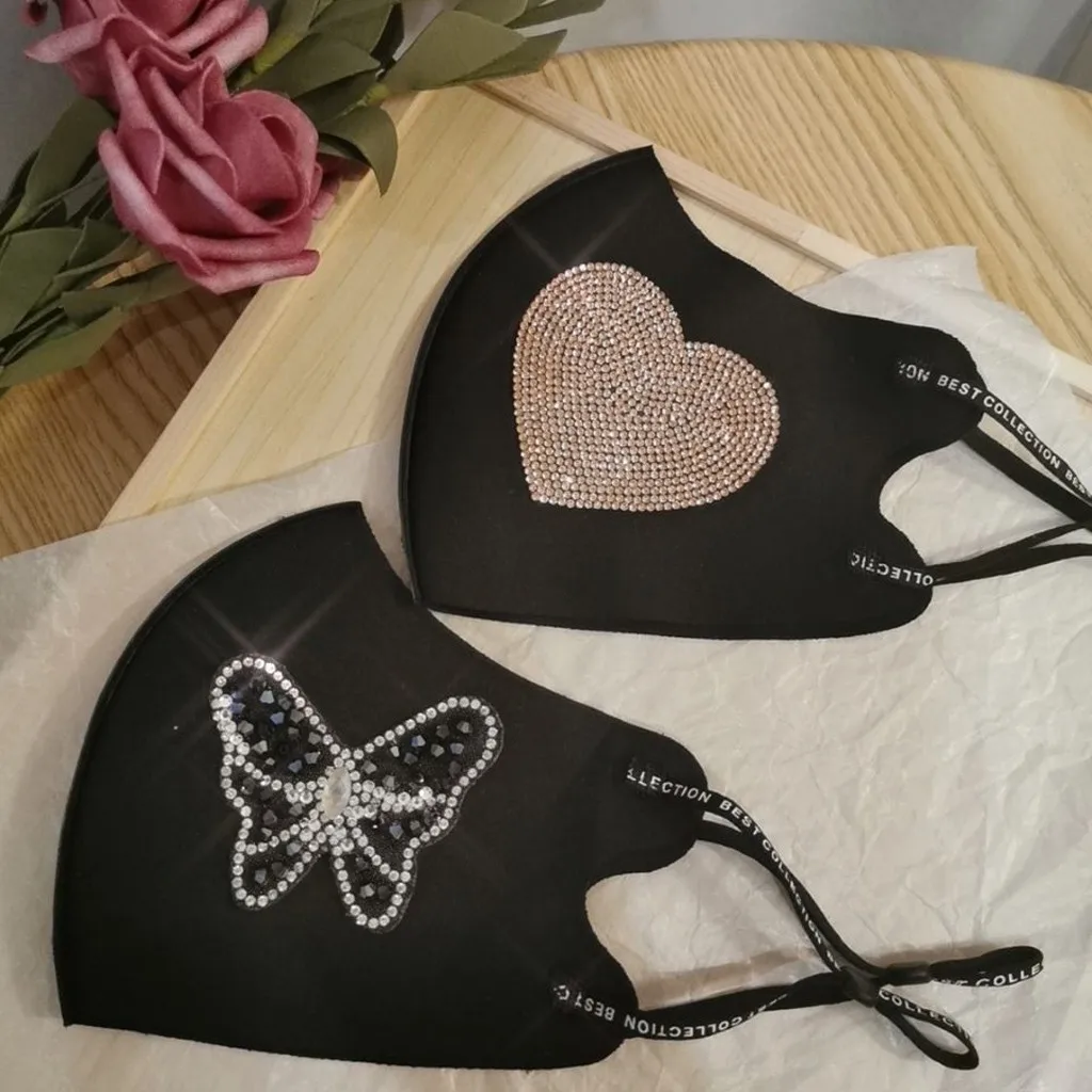 Маска для лица с рисунком из страз для женщин и девочек, 3 штуки, черная, моющаяся, защищает от ветра и может быть использована многократно.