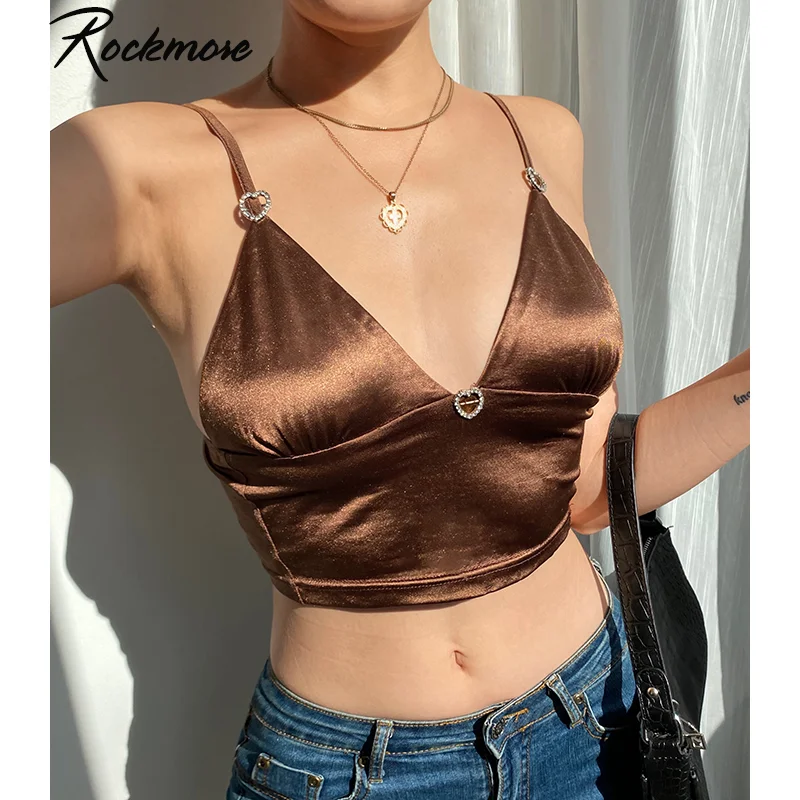 

Rockmore Brown Sexy Satin Crop Tops Tees Spaghetti Strap V Neck Cami Sleeveless Tank Top Fashion Streetwear ClubParty Summer