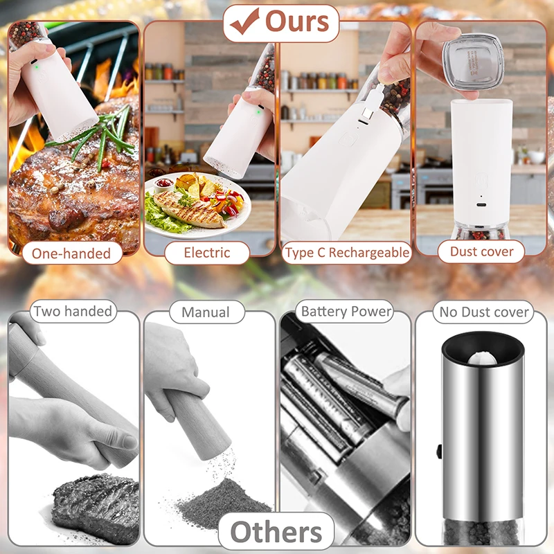 Molinillo de sal y pimienta autom&aacute;tico, molinillo de especias recargable con luz LED, mezclador de pimienta el&eacute;ctrico de cer&aacute;mica ajustable por gravedad-5