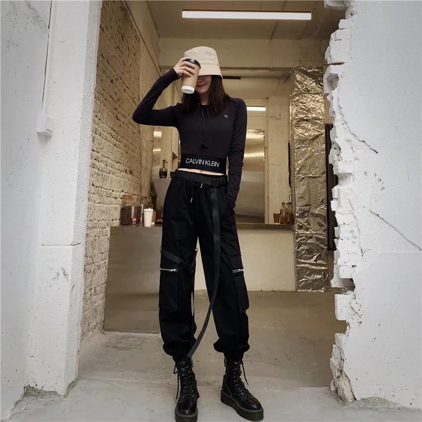 

Women High Waist Streetwear Cargo Pants with Belt Female Fashion Casual Zipper Pocket Trousers Loose Jogging Pants