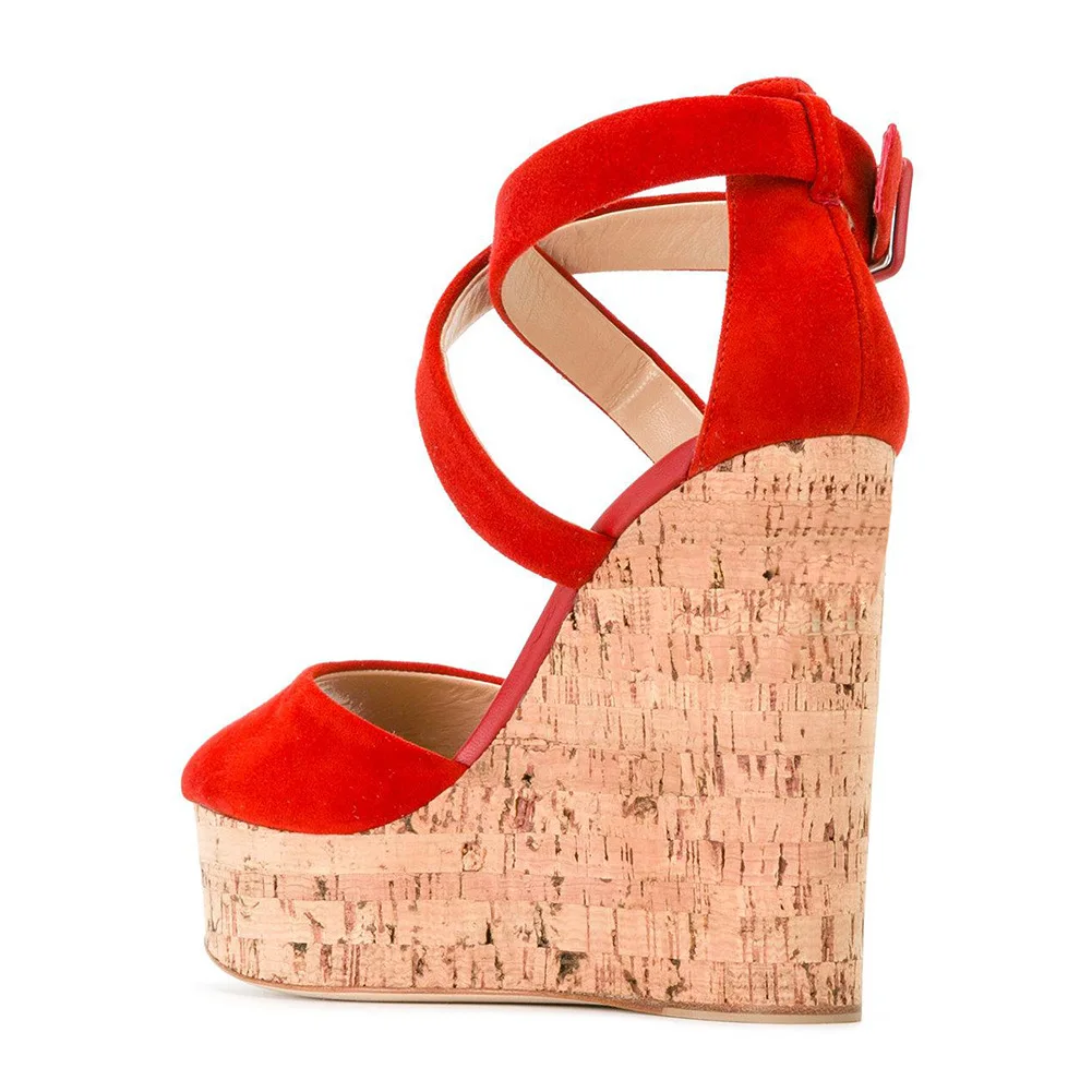 

Women's grain slope heel red bandage large sandals women's shoes