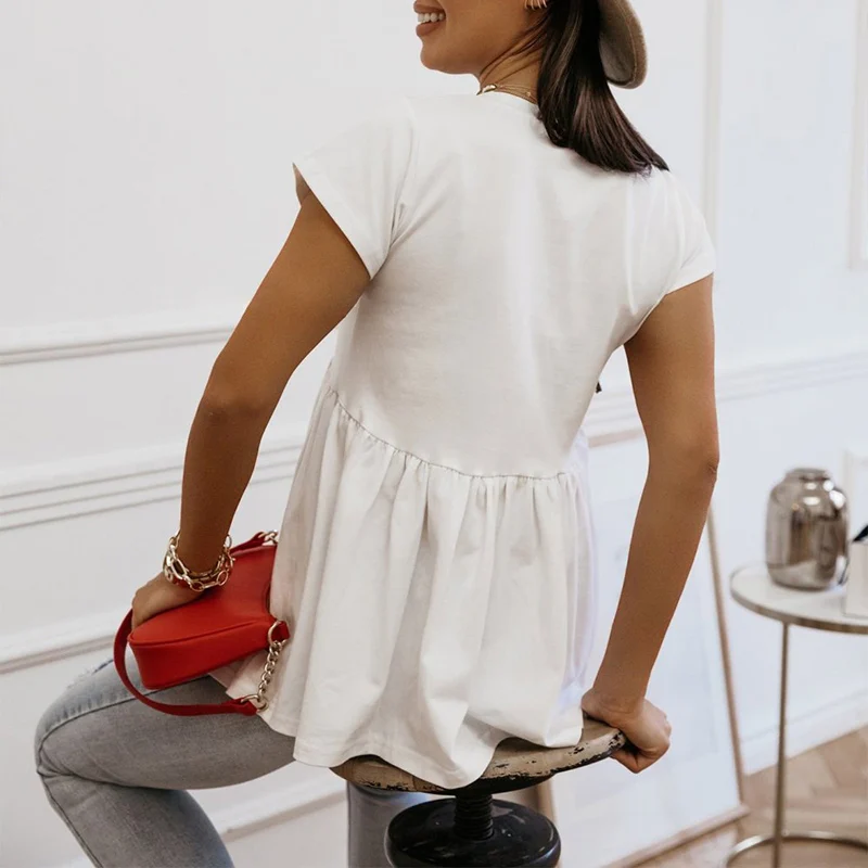 V-образный вырез женская шифоновая блуза с коротким рукавом хлопковые блузки для