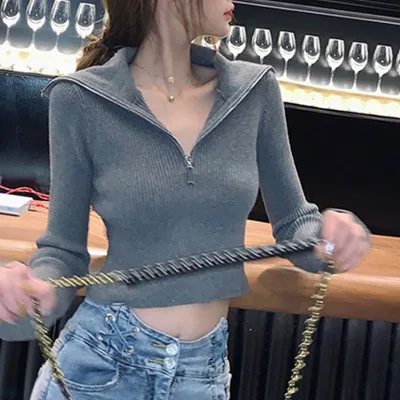 

Women Long Sleeves Knitwear Turnletneck Slim Sweater Cropped Tops Solid Color Zipper Knitted Tops