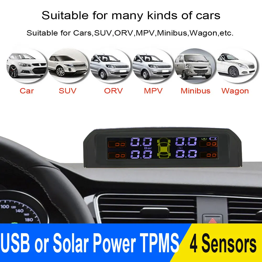 

USB or Solar Charging Auto Alarm tool TPMS Car Tire Pressure Alarm Monitor System HD Digital LCD Display