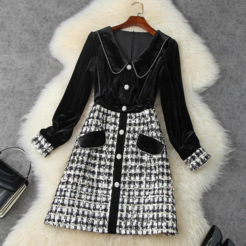

Runway Fashion Autumn Winter Beading Velvet Patchwork Tweed Woolen Dress Women Long Sleeve Vintage Vestidos Party Robe Femme