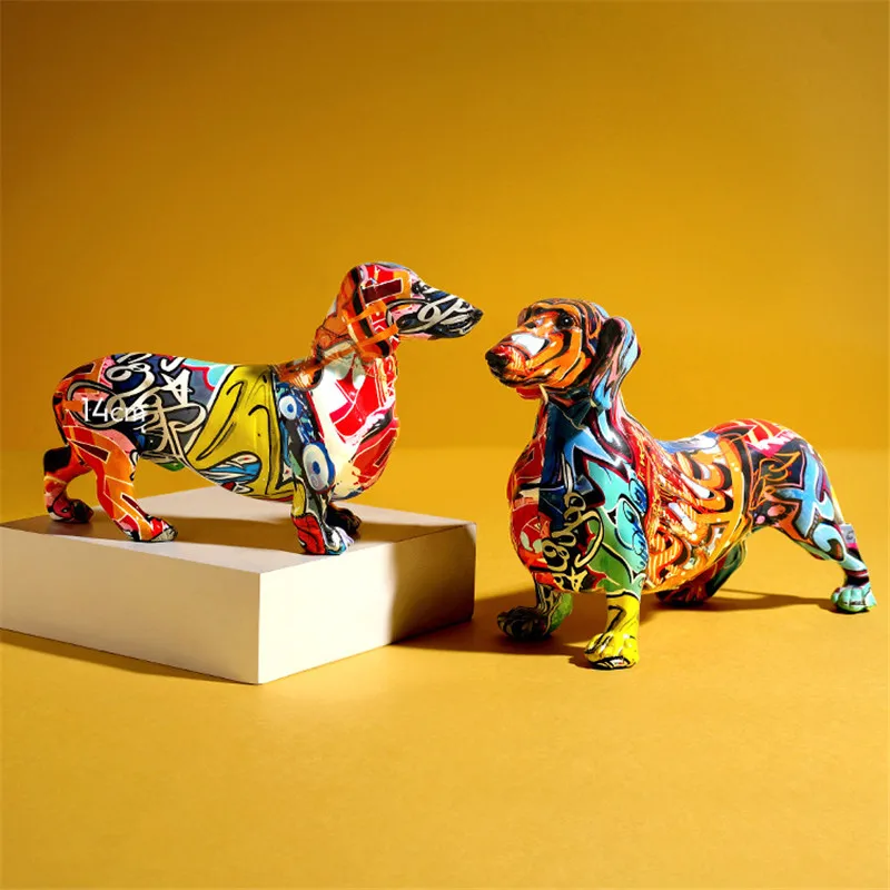 

Граффити DACHSHUNDS Художественная Скульптура счастливая собака статуэтка животное креативная полимерная поделка Европейский Декор для дома ...