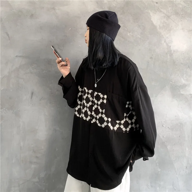 

Spring New Women Shirt Vintage Hong Kong Style Shirt Black Stitching Printed Shirt Loose Street Fashion Long-Sleeved Shirt
