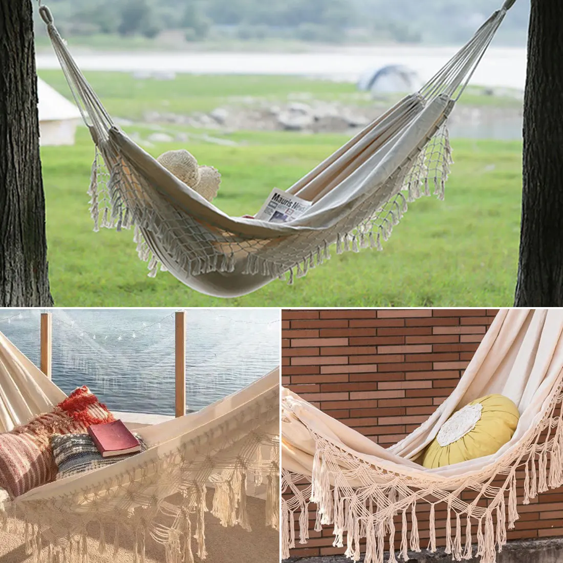 

Vitorhytech Hammock Large Brazilian Macrame Fringe Double Hammock Swing Net Chair Out/Indoor Hanging Hammock Swings