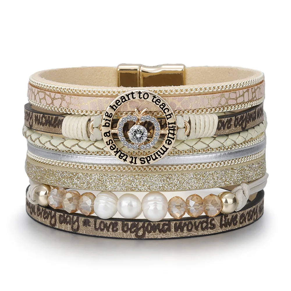 

European And American Exaggerated Graduation Season Bracelet Apple Life Tree Embossed Letter Alloy Pearl