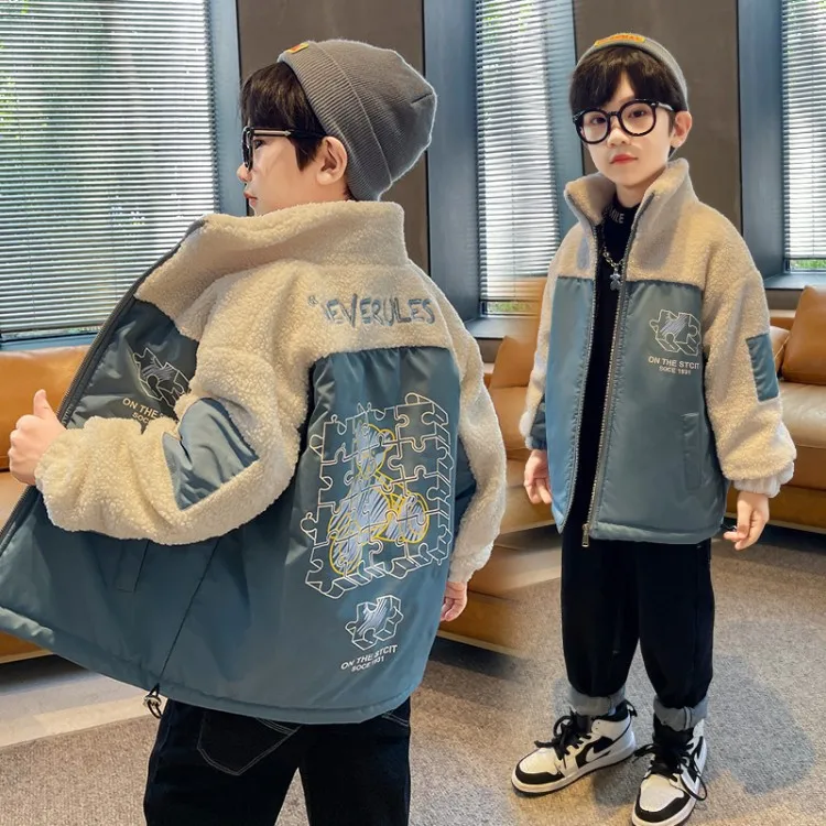 

Boys Blue Jacket Kids Fall Top Clothes Children 2021 Handsome Fashion New Plus Velvet Thick Outerwear Teenager Warm Heavy Coat