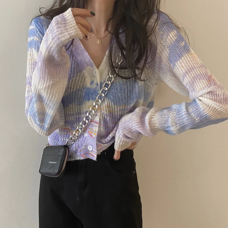 

2021Korean V-Neck Students WomenThin section Tops Tie-dye Harajuku style Sweet Loose Elegant Autumn Cardigans Knitted Sweaters