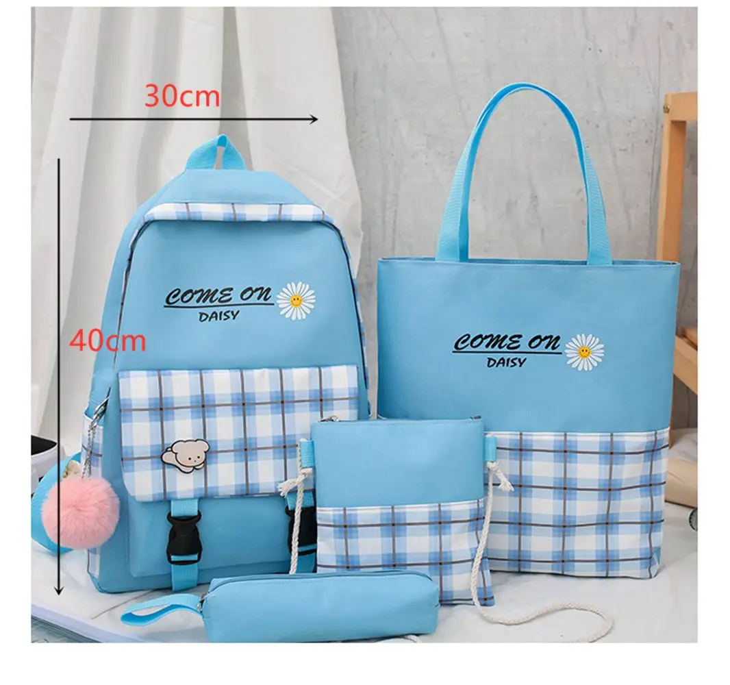 

4pcs/Set Vintage Canvas Backpacks Daisy Flower Plaid School Rucksack Teenager Large Capacity Cute Shoulder Bookbags Backpack