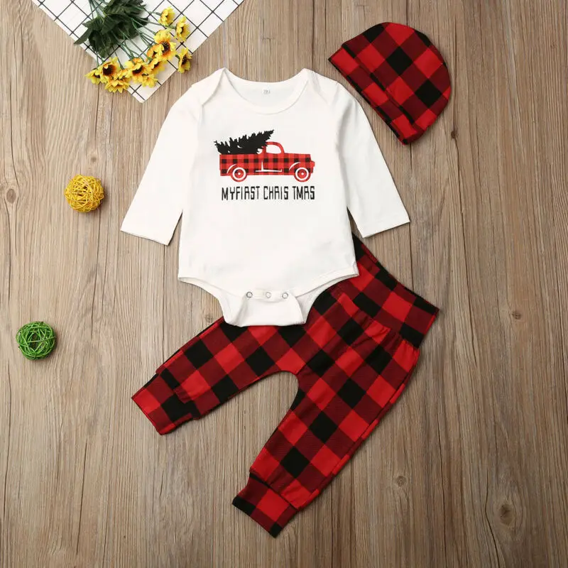 Newborn Baby Boys Girls Christmas Long Sleeve Bodysuit White Letters Print Tops Red Plaid Pants with Cap 3pcs Kids Clothes | Детская