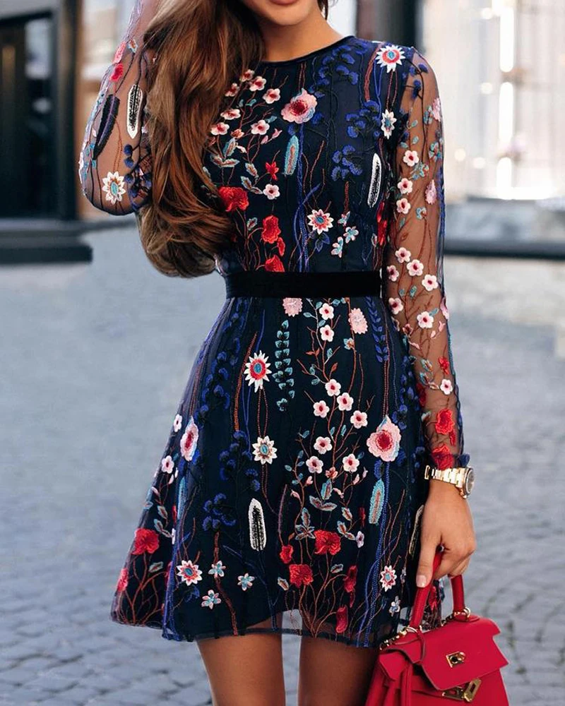 2020 Women Fashion Floral Embroidery Mesh Long Sleeve Mini Dress Spring Summer Casual Short Dress