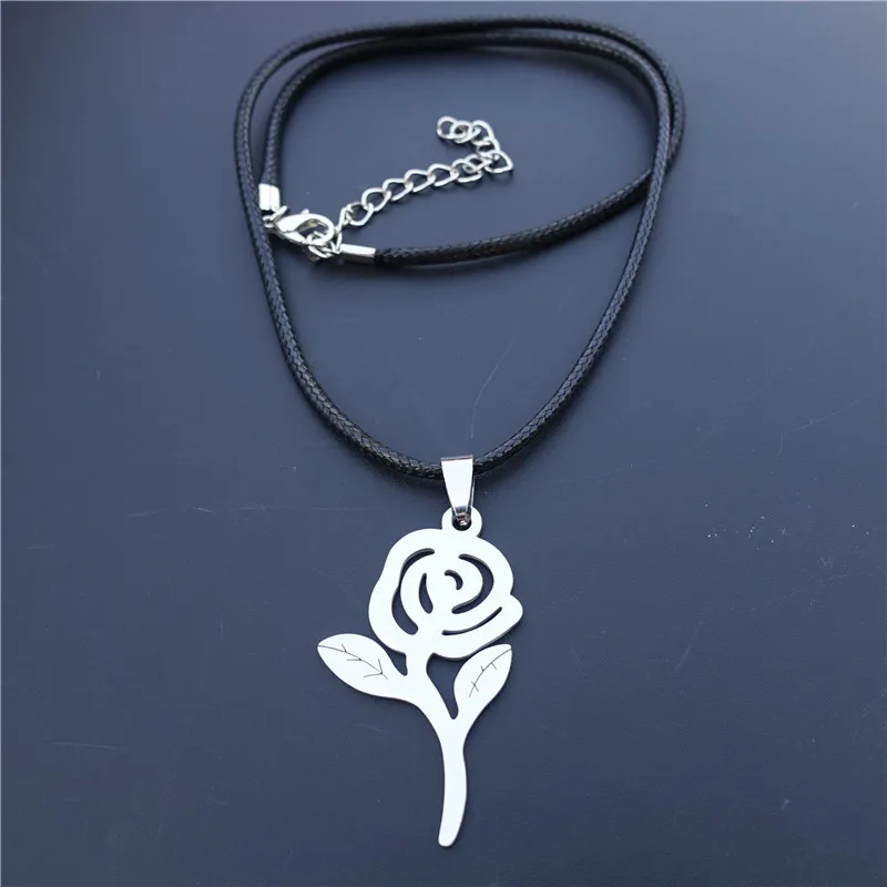 

12 Pieces Stainless Steel Love Rose In Bloom with Leaf Flower Necklace Lady Women Girls Pendant Jewelry Wholesale