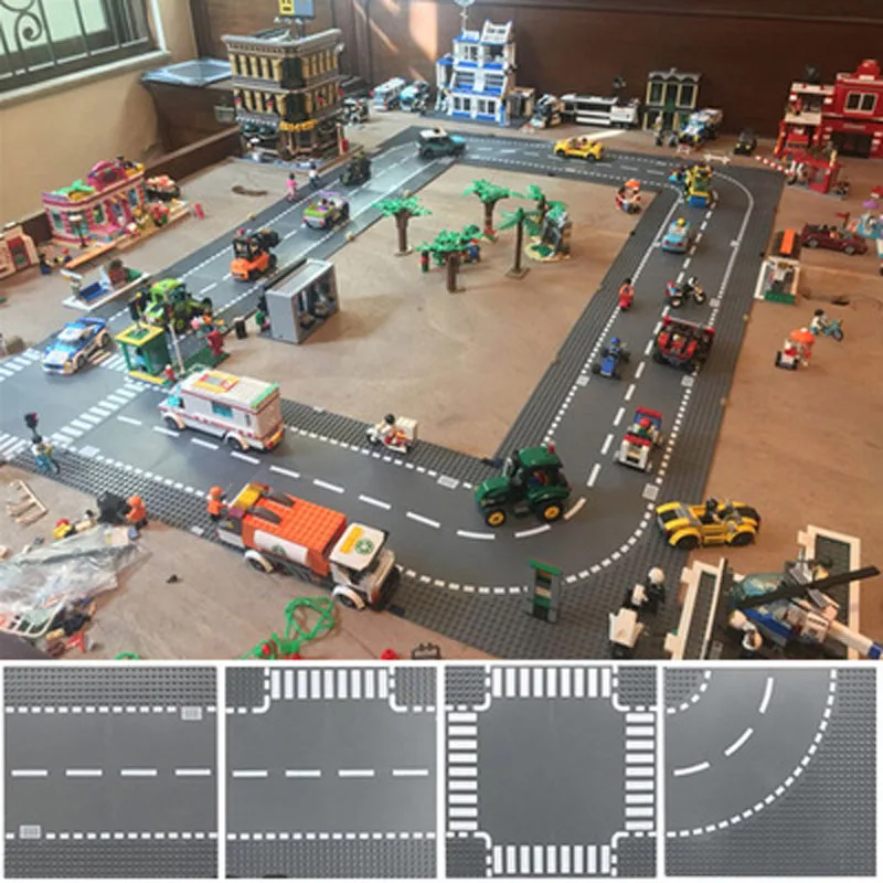 

City Road Street Baseplate Straight Crossroad Curve T-Junction Building Blocks Base Plates Construction for Children Kids Gift