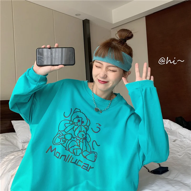 

Real Shot Reflective Bear Hoodie Fleece-Lined Thick Loose Korean