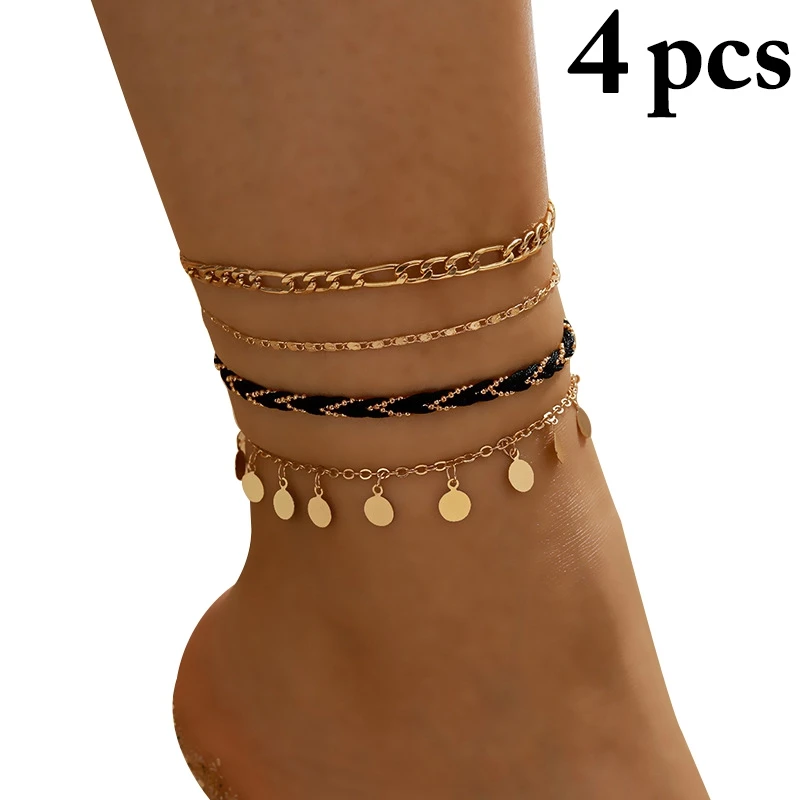

Bohemia Alloy Anklets For Women Girls 4pcs/Set Elegant Anklet On Leg Foot Holidays Beach Jewelry,Length Adjustable Gold Color