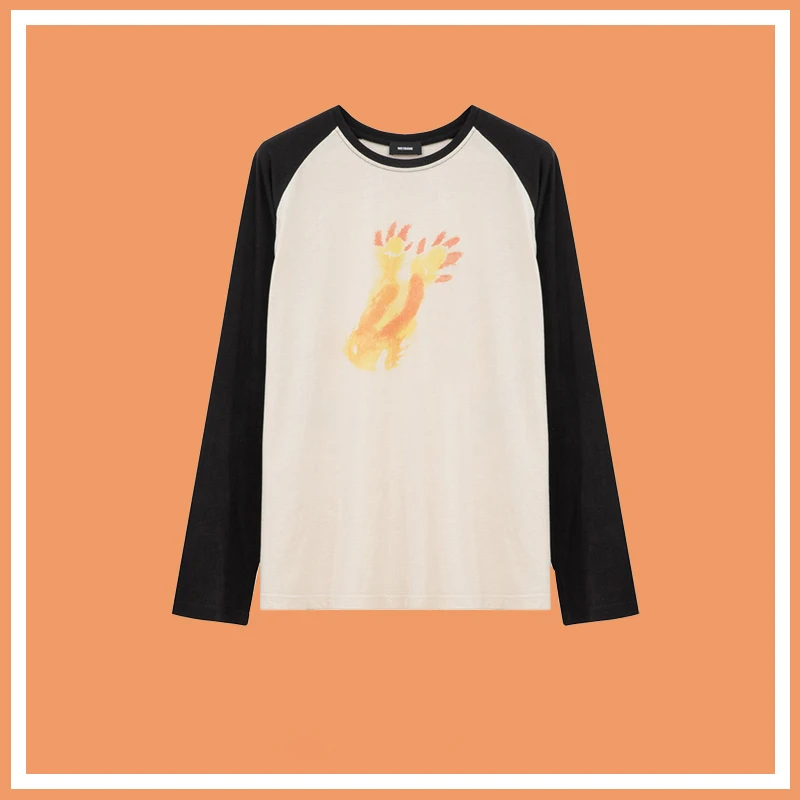 

2021 Fall New Long-sleeved Chest Small Monster Cartoon Loose Thin T-shirt Cotton Thin Comfortable Couples Section Tops
