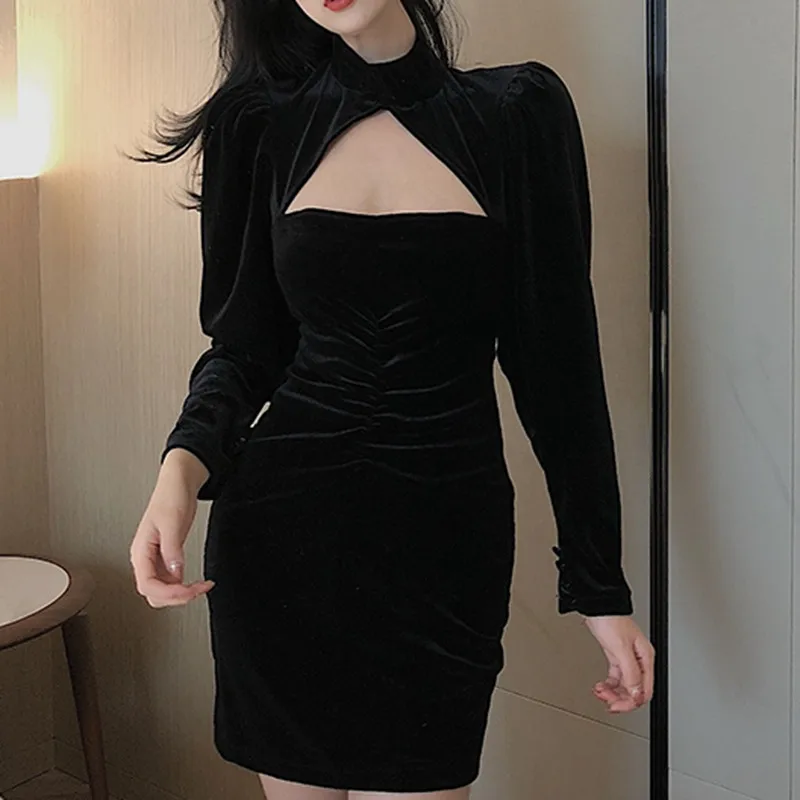 

Women Sexy Velvet Black Dresses 2020 Fashion Long Sleeve Winter Mini Short Dress Korean Clothes Elegant Bodycon Party Club Dress