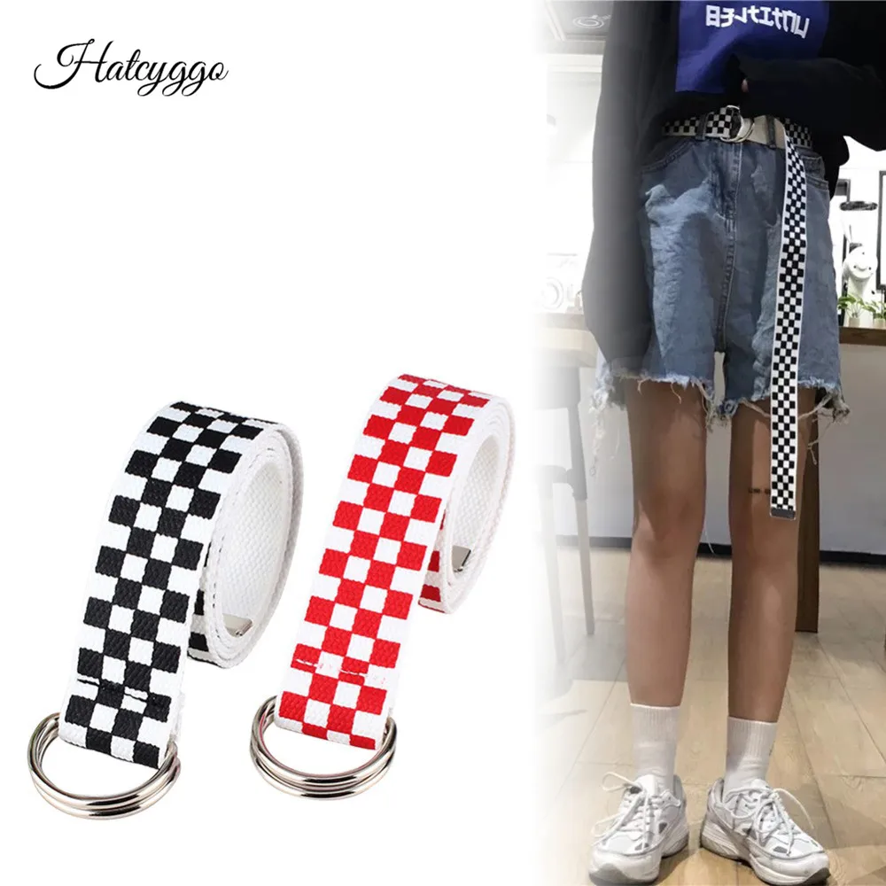 Ремень HATCYGGO женский холщовый модный длинный пояс в клетку с двойной кольцевой