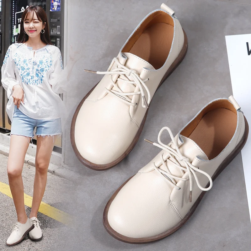 

35-40 Women Oxfords Spring/Autumn Flat Shoes For Women Genuine Leather Casual Flats Ladies Lace Up Solid Chaussure Femme 2021