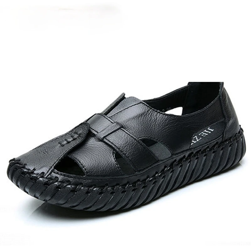 

Women 2020 Summer Genuine Leather Handmade Ladies Shoe Leather Sandals for Women Flat Shoes Retro Style Mother Shoes