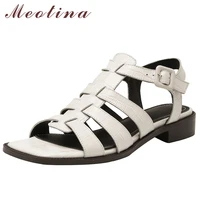 meotina women sandals genuine leather gladiator shoes square toe thick high heel sandals summer buckle ladies footwear white 40