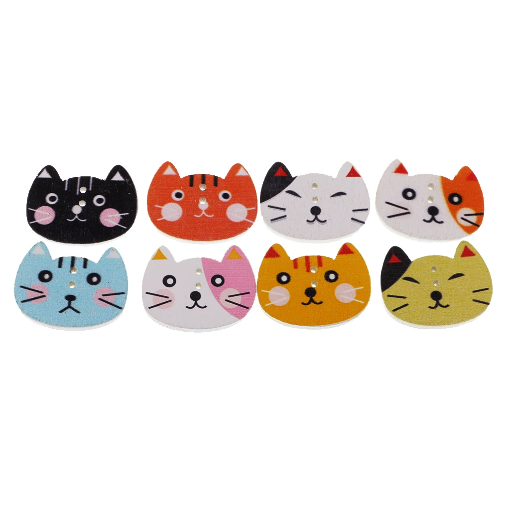 

50 Pcs Colorful Cat Shape Wooden Buttons 2 Holes For Decorations