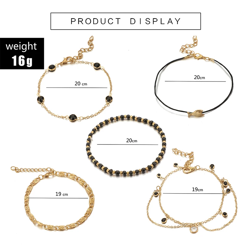 Tocona черные бусины рыба кристалл веревка бохо ножные браслеты для женщин