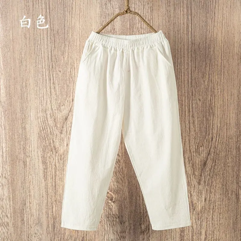 

2021Cotton Linen Pants Women Spring Summer Large Size Solid Color Harem Pants Elastic Waist Loose Casual Woman's Linen Trousers