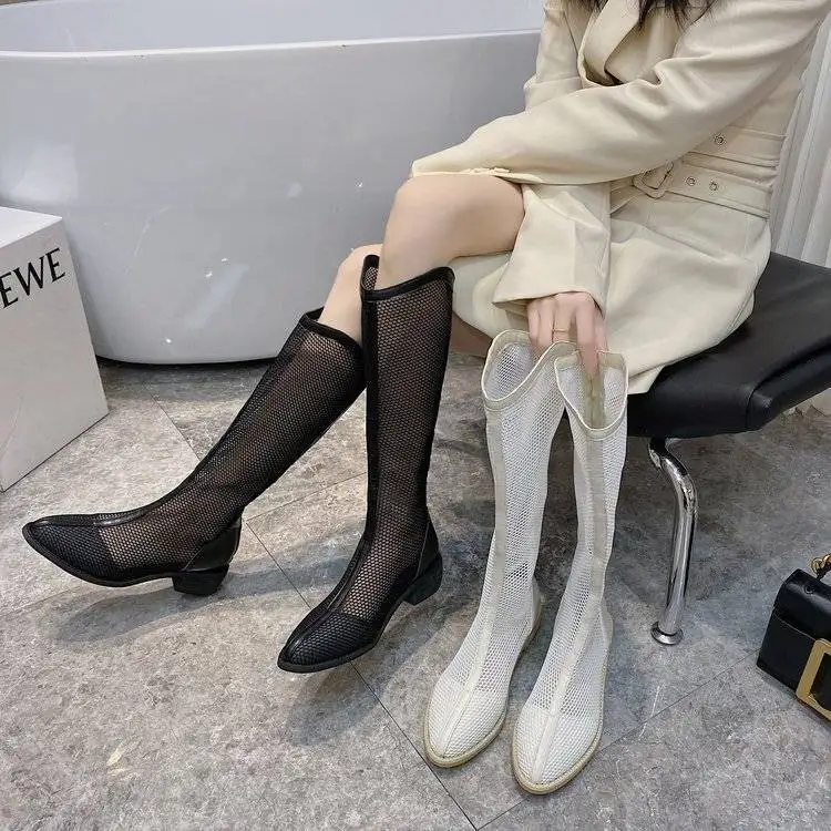 

Plus Size Women's Shoes Spring New Thick Heel Fishnet But Knee Boots Women's Thin Knight Boots