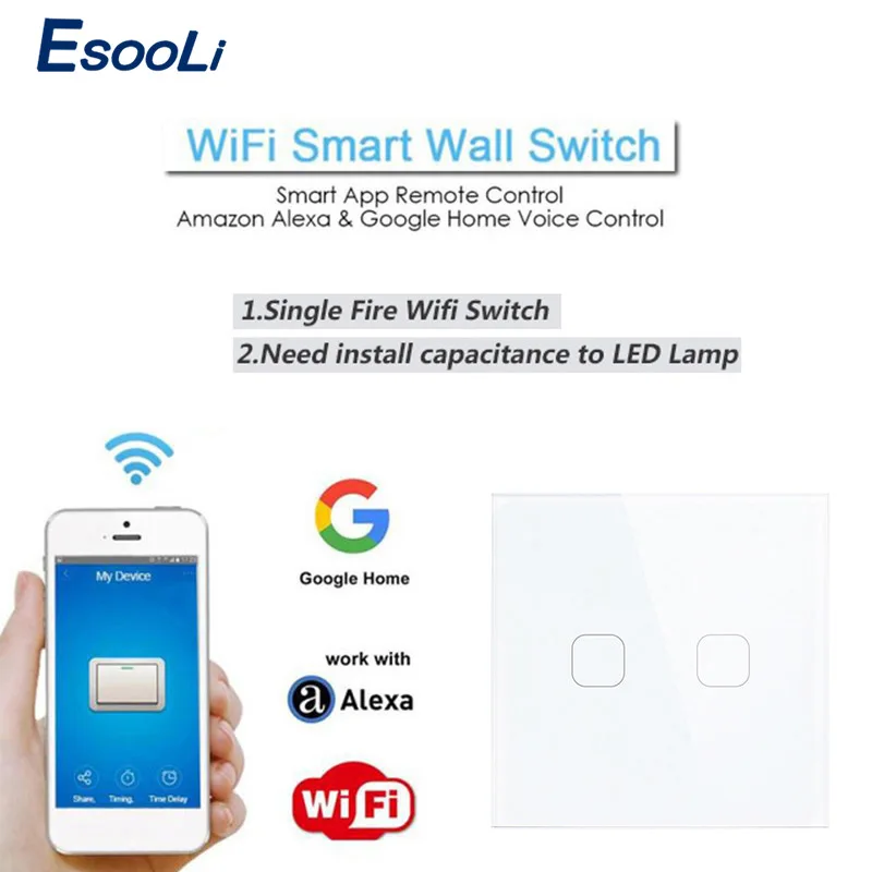 Умный настенный сенсорный выключатель EsooLi ЕС/Великобритания Wi Fi 1/2 клавиши 433