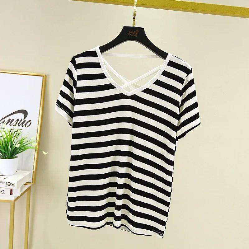 

Summer new style short-sleeved female cross beautiful back modal T-shirt color stripe casual fashion T-shirt WJ20