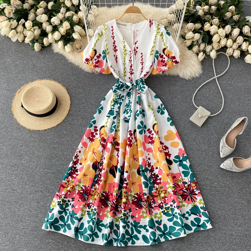 Aibeautyer New Summer A Line V Neck Lady Short Dress Casual Single Breasted Chiffon Puff Sleeve Mid-Calf Women Dresses aibeautyer new 2021 spring summer vintage solid a line dress v neck single breasted puff sleeve mid calf women dresses