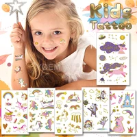 golden shiny kids tattoo cute cartoon unicorn pink purple colorful waterproof temporary tatto stickers child body art fake tatoo