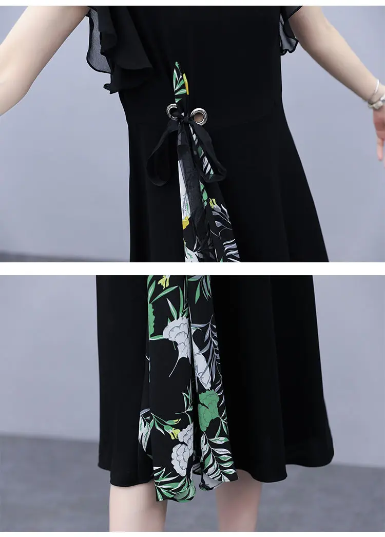 

2021 Summer Women's Dress Plus Size Vintage Patchwork Short Sleeve Chiffon Dress Office Elegant Ladies Fashion Dresses Plus Size